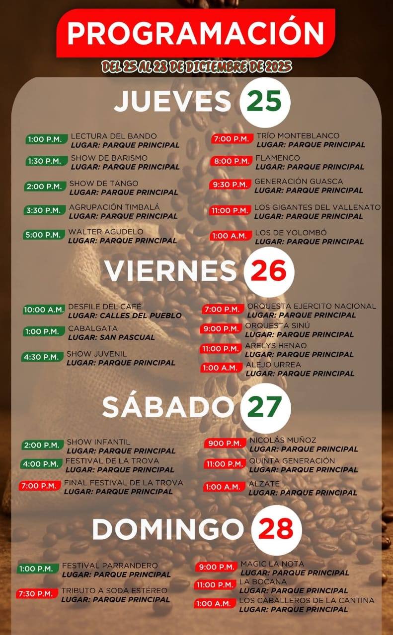 Fiestas del Café 2025 - Fredonia - Programación