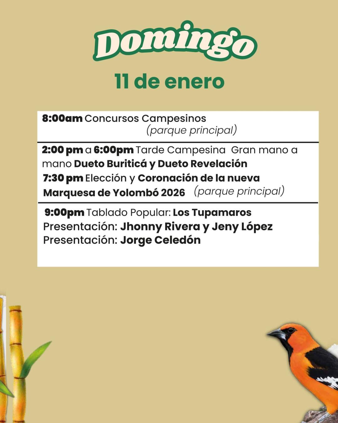 Fiestas del Marquesado y la Molienda 2026 - Yolombó - 11Domingo
